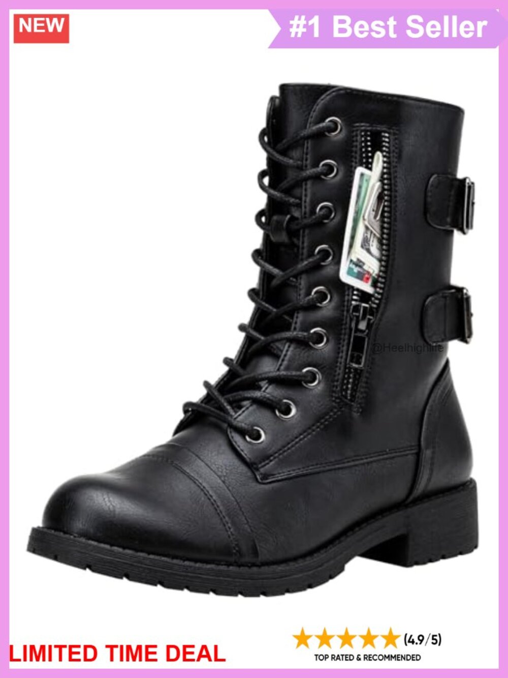 Faux Leather Mid Calf Combat Boots Lace Up with Pocket